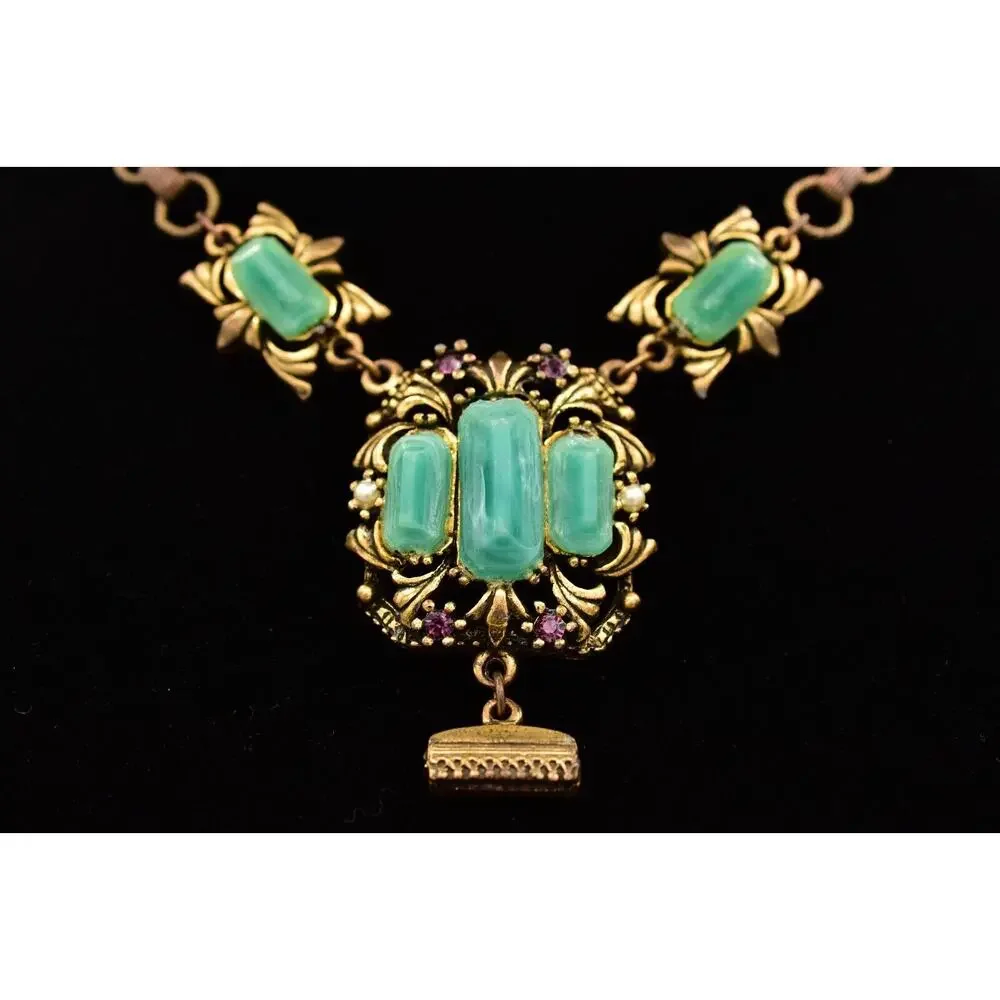 Vintage Collar Necklace Green Cabochon Antiqued Brass Gold Chunky Heavy BinA17